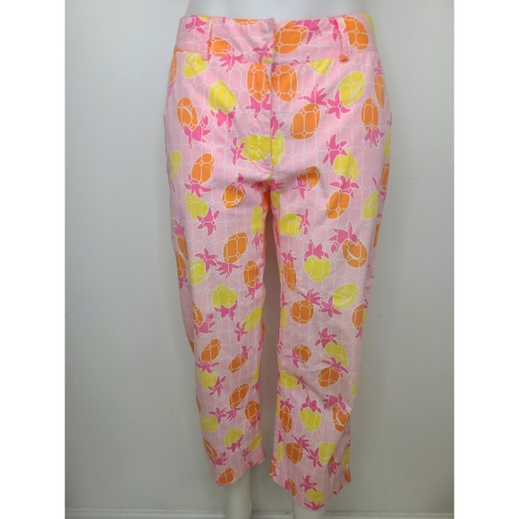 Lilly Pulitzer Liza Spanish Tile Pink Orange Yellow Pineapple Print Crop Pants 6 - Picture 1 of 10